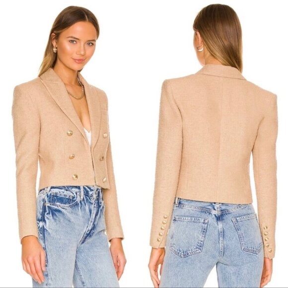 House of Harlow Tweed Cropped Tan Blazer Jacket Size XS Gold Buttons neutral - Picture 3 of 12